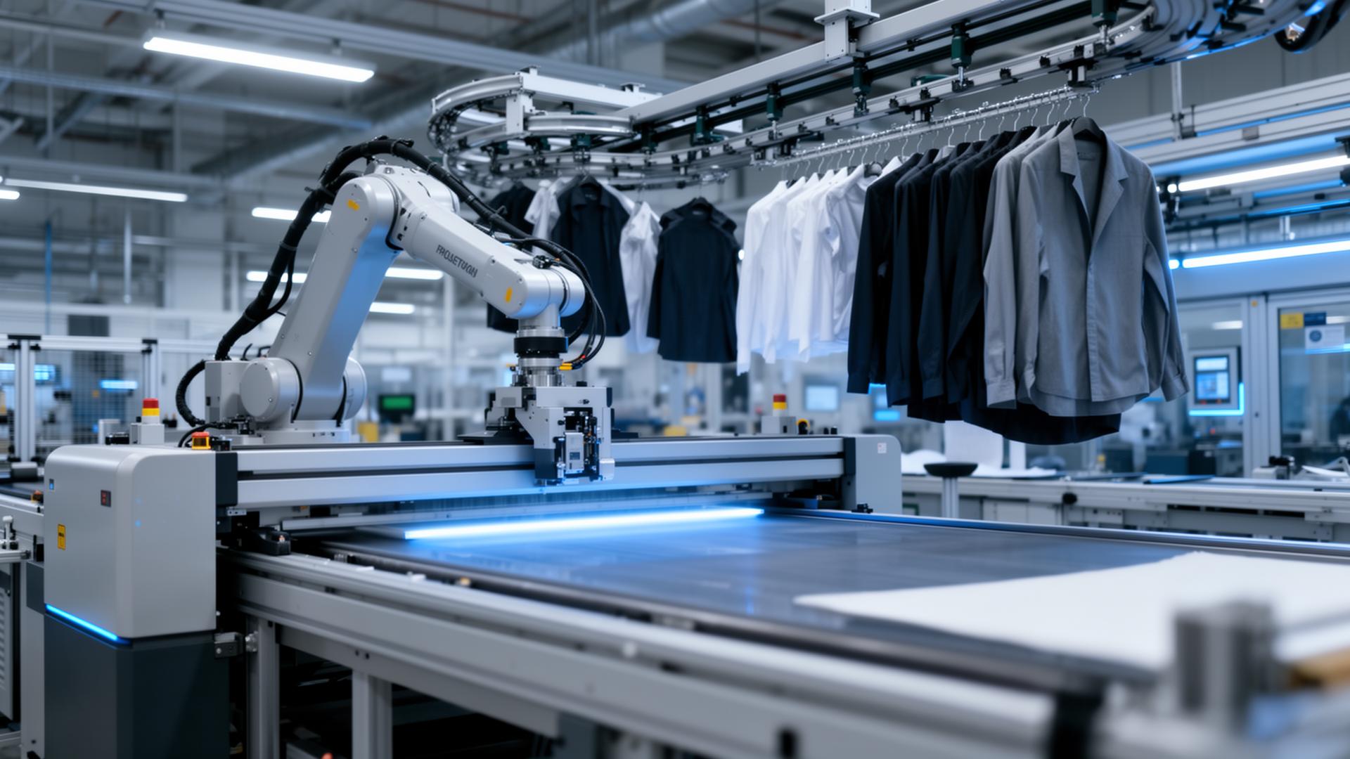 Automated apparel manufacturing line with robotic cutter and overhead garment conveyor